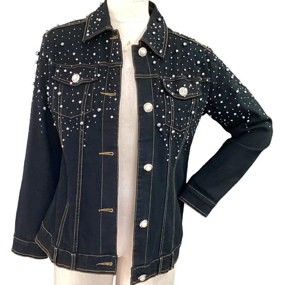 Quacker Factory Black Denim/Jean Jacket Pearl Buttons Beaded Studed Sz XS #57X‎